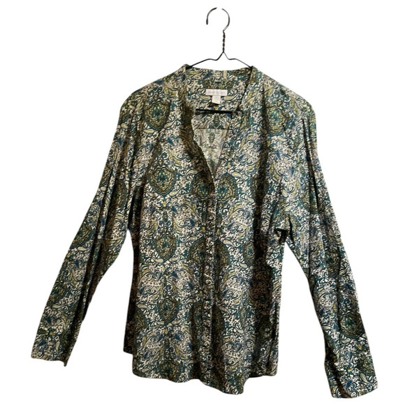 Woman's Blouse Size 16 Charter Club Green Tones Paisley V-Neck Mandarin Collar - Picture 9 of 13